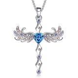 606829399938 Blue Heart Crystals Cross Pendant Necklace