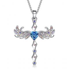 606829399938 Blue Heart Crystals Cross Pendant Necklace