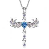 606829399938 Blue Heart Crystals Cross Pendant Necklace